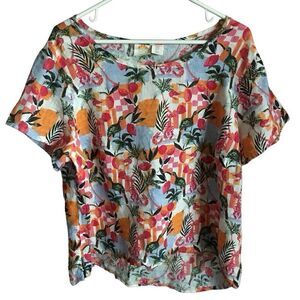 C&C California 100% Linen Top Shirt Blouse SZ 1X floral fruit print New w/tags